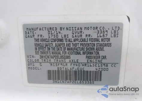 2014 Nissan Versa 1.6 S from USA, damaged, VIN 3N1CN7AP2EL853385